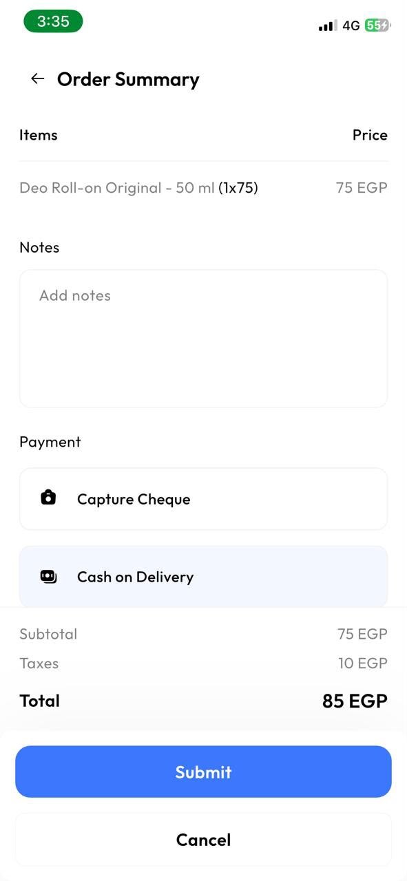 Order summary listing the line item and price, a notes field, cheque and cash payment options, and a subtotal, tax and total breakdown.