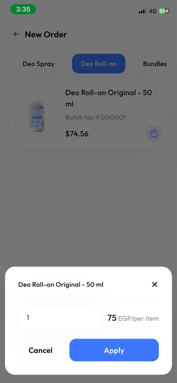 Product selected in an order, showing batch number and unit price, with a quantity sheet open over it.